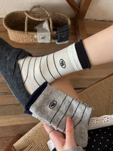 Grey striped cotton mid calf socks women cute embroidery design casual daily wear hosiery