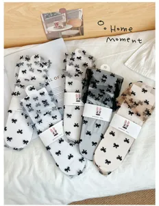 Japanese style sheer mesh socks featuring cute black bows, ultra-thin transparent summer socks.