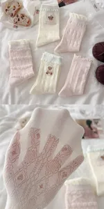 Women summer thin cute bear hollow breathable pink mid-calf socks lace trim cute style