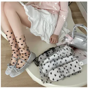 Japanese style sheer mesh short socks with cute black bows, breathable summer hosiery for girls.