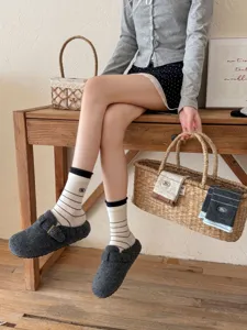 Grey cotton mid-tube socks with stripe embroidery, Korean style cute college spring wear