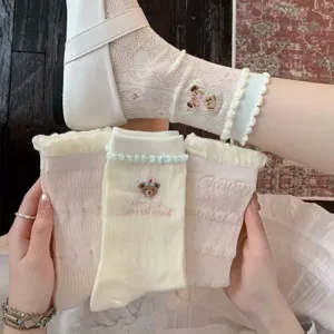 Women summer thin hollow lace mid-calf socks cute bear embroidery breathable casual socks