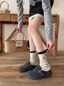 Grey spring summer cotton mid-tube socks with cute stripe and embroidery details for women.