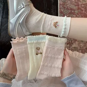 Women summer thin hollow bear long socks sweet pink stackable casual breathable