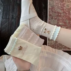 Women summer thin hollow long stacking socks with cute bear embroidery and lace trim sweet style.