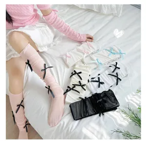 Calzini al polpaccio con fiocco dolce per donna, calzini slouch tinta unita stile lolita JK.
