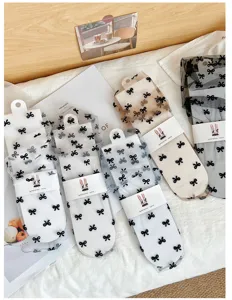 Women Japanese style sheer mesh short socks with cute black bow design summer ultra thin