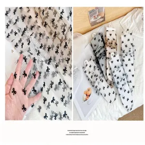 Japanese style sheer mesh short socks with cute black bows, ultra-thin transparent summer socks.