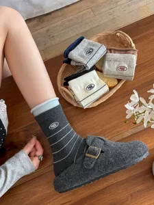 Grey striped cotton mid-tube socks women korean niche design embroidered casual hosiery detail
