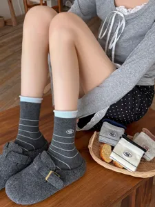 Gray cotton mid-calf socks for women, Korean style striped embroidered cute daily casual socks.