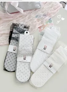 Sheer mesh polka dot socks with ballet style straps, cute transparent summer mid tube socks detail