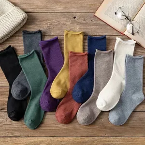 Women Casual Cotton Mid Tube Crew Socks Solid Color Rolled Edge Loose Cuff Korean Style Fashion Daily Footwear