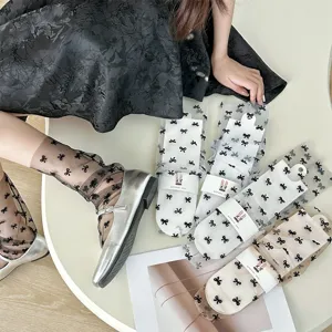 Women Japanese Style Sheer Mesh Crew Socks Cute Black Bow Diamond Pattern Ultra-Thin Transparent Summer Hosiery