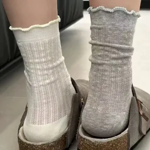 Korean ins fashion ruffle edge solid mesh mid tube socks for women spring summer thin socks