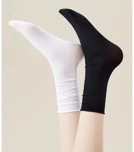 Detail view of women's summer breathable thin velvet mid-tube slouch socks in black and white.