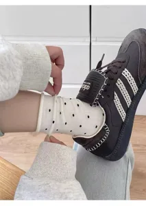 Cute polka dot cotton mid-tube socks with rolled edge, sweet Japanese style casual wear.