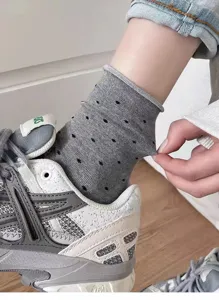 Women grey polka dot socks cotton rolled edge mid-calf daily casual socks detail