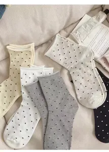 Women cute polka dot mid-tube socks Japanese style rolled edge cotton casual hosiery for daily wear