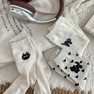 Women cute cat embroidered cotton mid-calf socks spring casual slouch socks speckle yarn