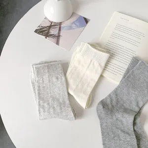 Spring thin women socks hollow clover mesh cream white cotton mid tube stacking socks detail