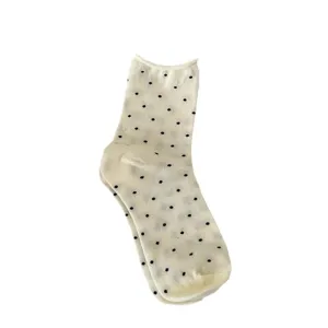 Women cute polka dot cotton mid-calf socks with sweet ruffled edge design stylish.