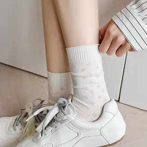 Women summer thin hollow mesh mid-tube socks, creamy white pure cotton floral crew socks.
