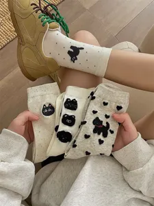 Cute cartoon cat cotton mid tube socks for women spring autumn comfortable daily wear stylish hosiery