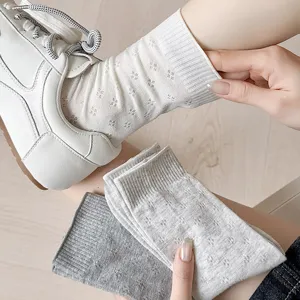 Women summer thin hollow clover mid-tube socks cream white mesh cotton stacked socks