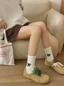 Cute cat pattern mid-tube cotton socks with polka dots, soft and comfortable daily wear.