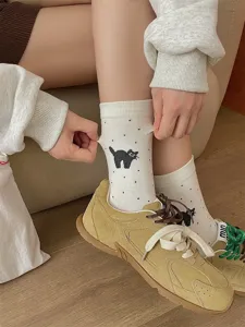 Cute cat print cotton mid-tube socks detail view, soft breathable spring daily wear style.