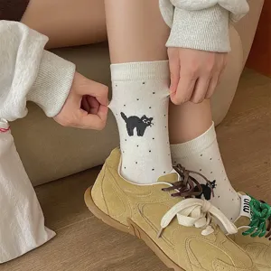 Cute cat cotton mid-tube socks for women, breathable dot yarn spring hosiery comfort style.