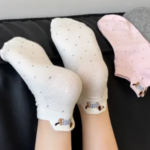 Women's Cute Puppy Embroidery Pure Cotton Short Socks Summer Thin Breathable Shallow Cut Casual Daily Crew Socks