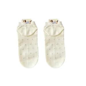 Cute puppy embroidered white cotton short socks for women, summer thin low-cut trendy daily wear.