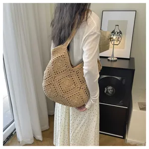 Minimalist crochet woven tote bag, vintage handmade hollow out shoulder underarm bag for daily wear.