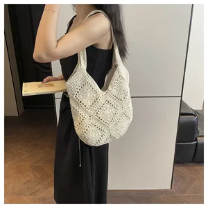 Beige crochet woven shoulder bag for women, stylish hollow out tote bag for daily casual summer.