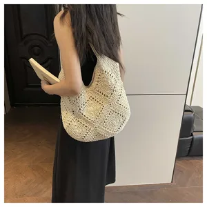 Detailed showcase view of a Japanese vintage handmade crochet woven shoulder tote bag for daily.