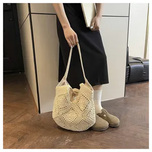 Japanese minimalist woven tote bag for women, stylish straw shoulder bag for daily beach vacation.