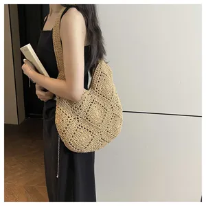Japanese minimalist woven shoulder bag for women, casual straw beach hobo tote bag daily use.