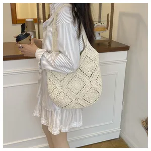 Japanese vintage crochet shoulder bag for women, stylish beige knit casual underarm tote bag.