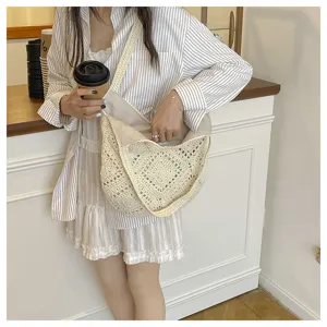 Japanese style handmade woven crochet shoulder bag casual beach hobo tote bag for daily wear.