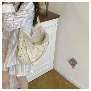 Japanese Woven Tote Bag Casual Beach Straw Shoulder Bag Women Daily Handbag Purse