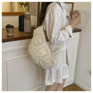 Japanese minimalist woven shoulder bag, casual beach vacation tote for women, stylish underarm bag.