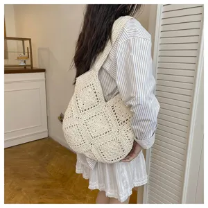 Japanese style minimalist handmade crochet shoulder bag casual beach tote women commuting handbag