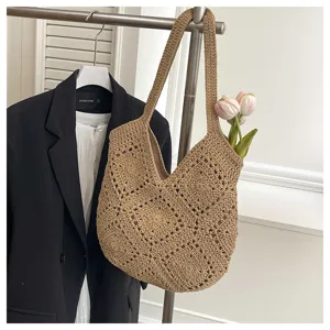 Handmade crochet shoulder tote bag with floral hollow design for women daily commute style