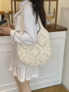 Woven Crochet Shoulder Tote Bag Hand Woven Hollow Geometric Grid Pattern Cotton Purse Casual Travel Beach Vacation Shoulder Underarm Bag For Women