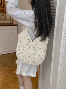 Handmade crochet woven tote shoulder bag for women minimalist casual beach underarm bag