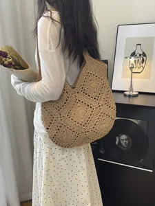 Handmade woven tote bag for women, stylish beige shoulder underarm bag for beach vacation.