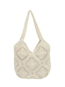 Minimalist beige crochet tote bag, handmade knit shoulder handbag for women summer beach daily.