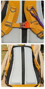 Rucksack atmungsaktives Mesh-Rückenteil Detail und verstellbare Schultergurt Schnalle.