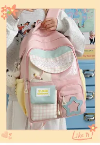 Cute Japanese pastel backpack for students, large capacity kawaii school bag with multi pockets.